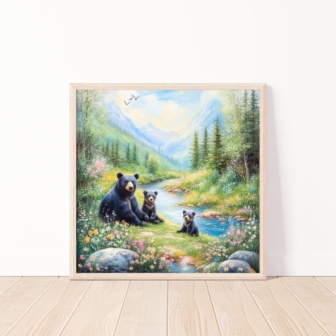 Black Bear Family by a Mountain Stream Wildflower Forest Wall Art