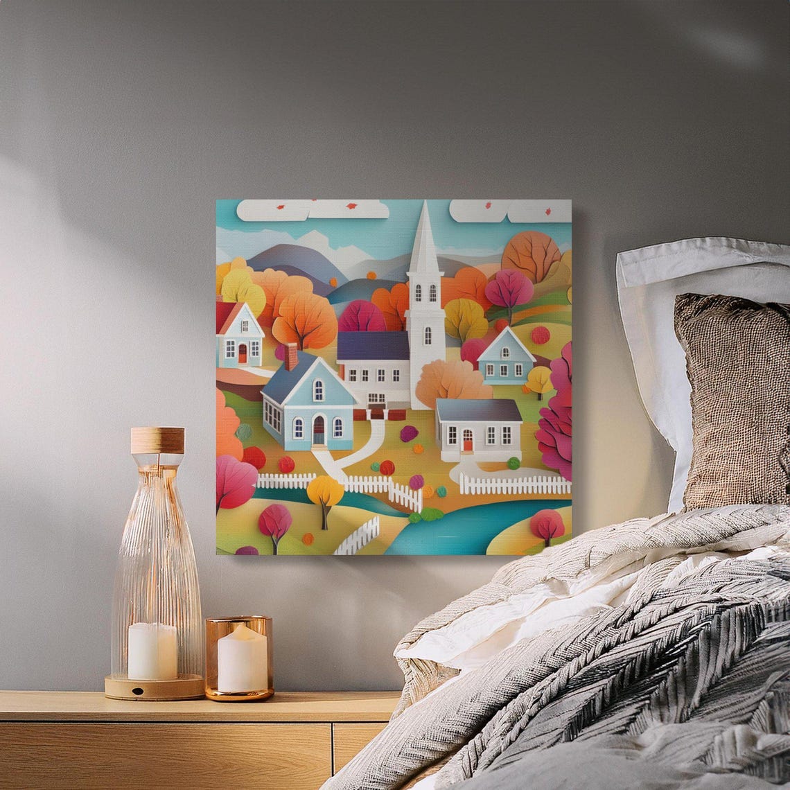 Paper Cut Fall Town With White Church Among Autumn Trees Poster - Image 4