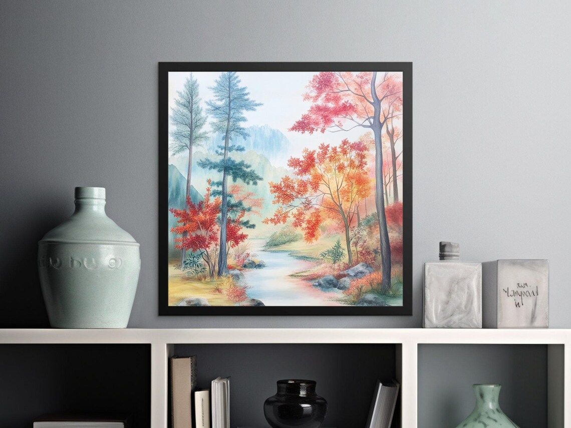 Autumn Forest Watercolor Red Maples Blue Pines Stream Fall Scene Poster - Image 2