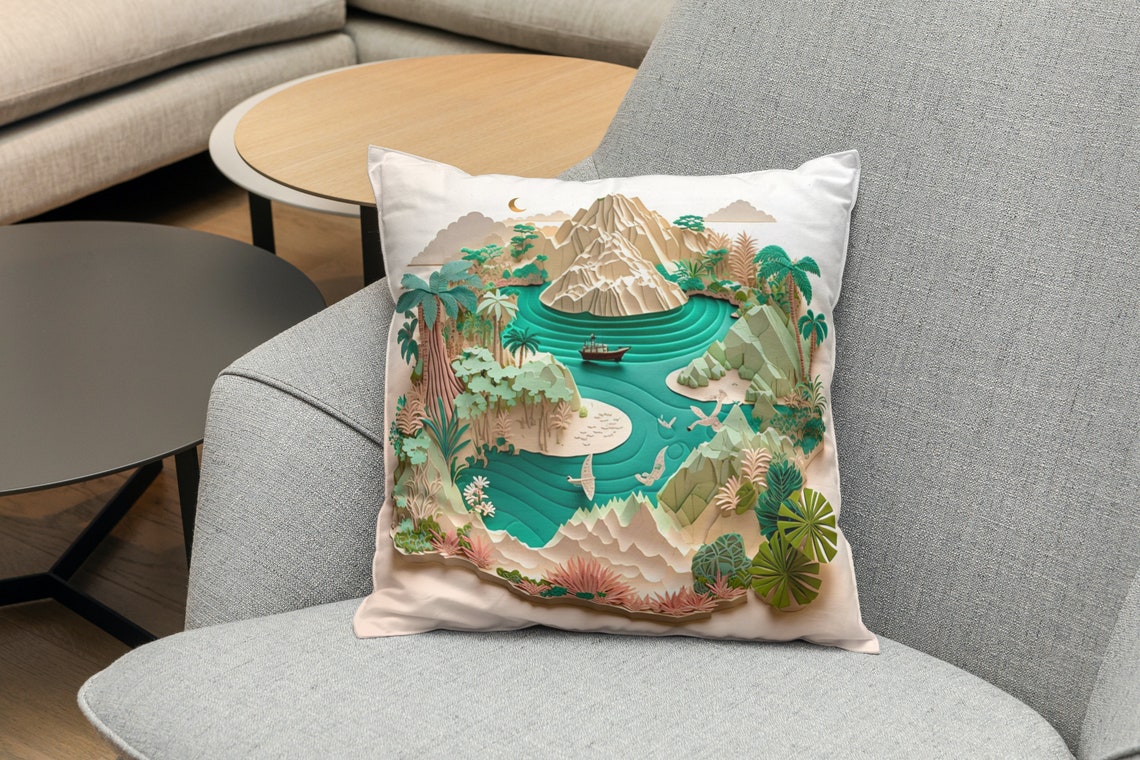 Tropical Island Paper Quilling Scene with Boat at Sunset Poster - Image 4