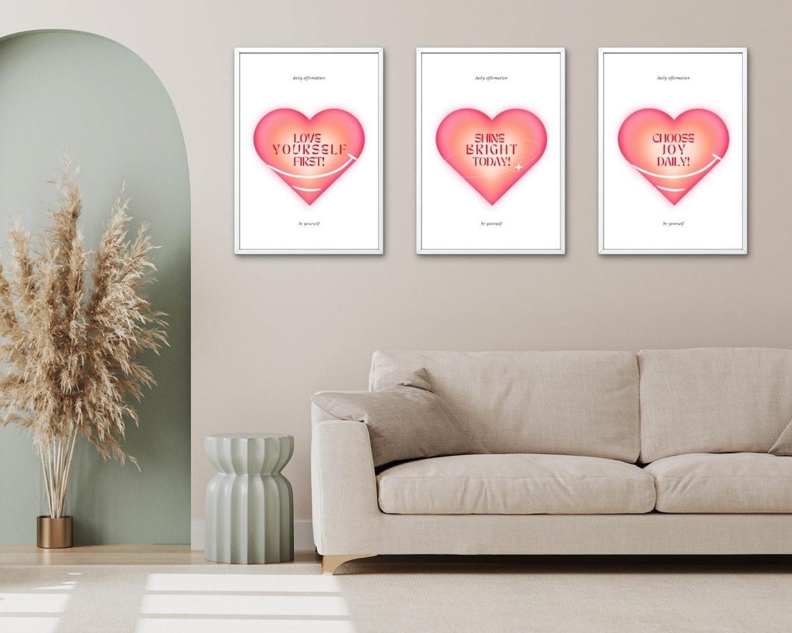 Love Yourself First Gradient Heart Daily Affirmation Pink Poster - Image 3
