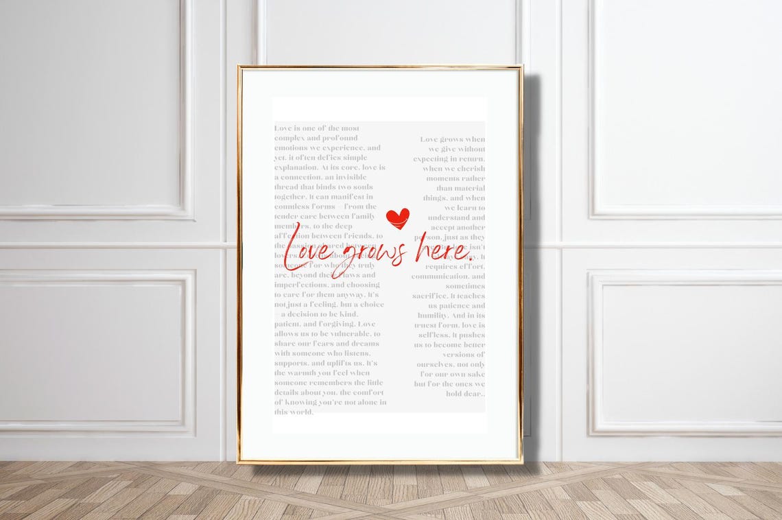 Love Grows Here Romantic Quote Heart Minimalist Typography Wall Poster