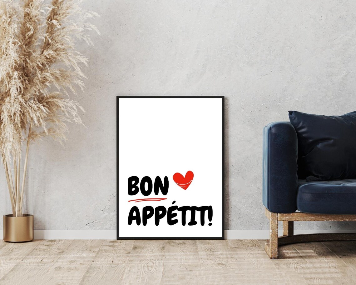 Bon Appetit Quote Brush Lettering Heart Red Accent Kitchen Poster - Image 5