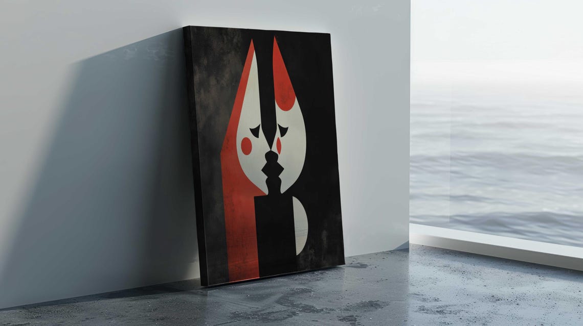 Minimalist Kissing Couple Abstract Heart Faces Black Red Art Poster