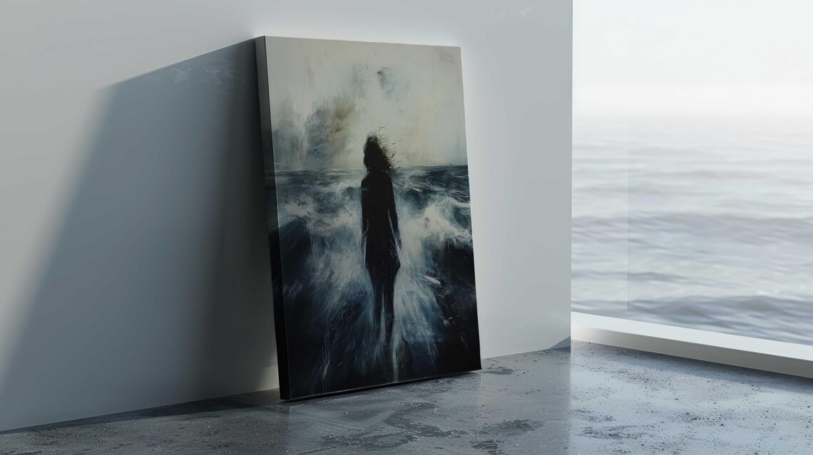 Woman Silhouette Stormy Ocean Waves Moody Gray Blue Seascape Poster - Image 4