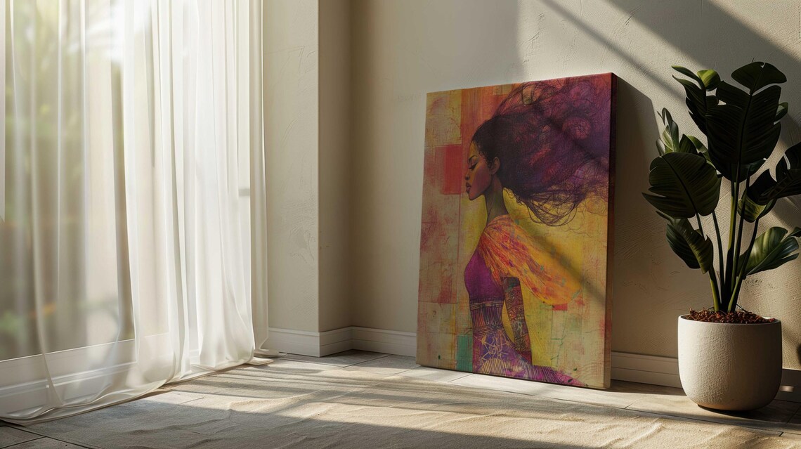Woman Profile Flowing Wild Hair Warm Orange Pink Dreamy Wall Art