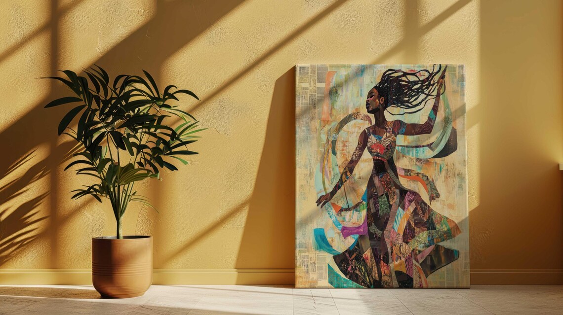 Black Woman Dancing Flowing Hair Collage Dress Joyful Freedom Poster