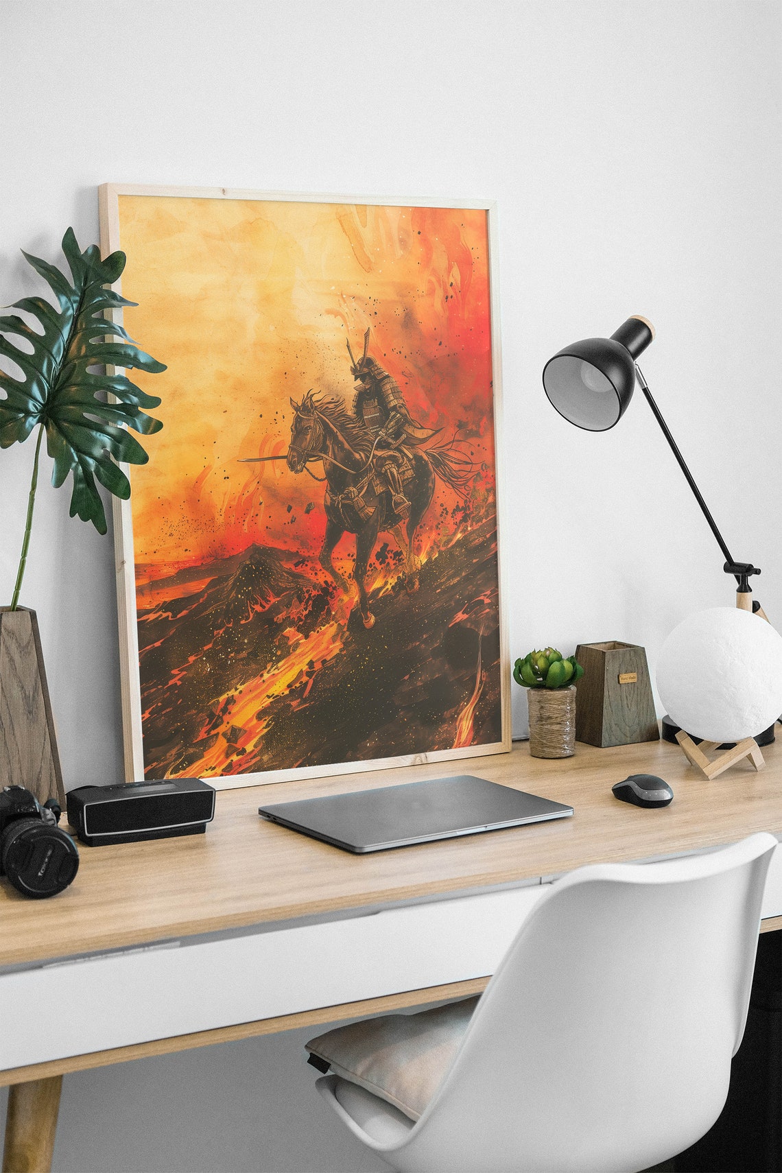 Samurai Warrior Horseback Fire Painting Orange Lava Art Poster - Image 3
