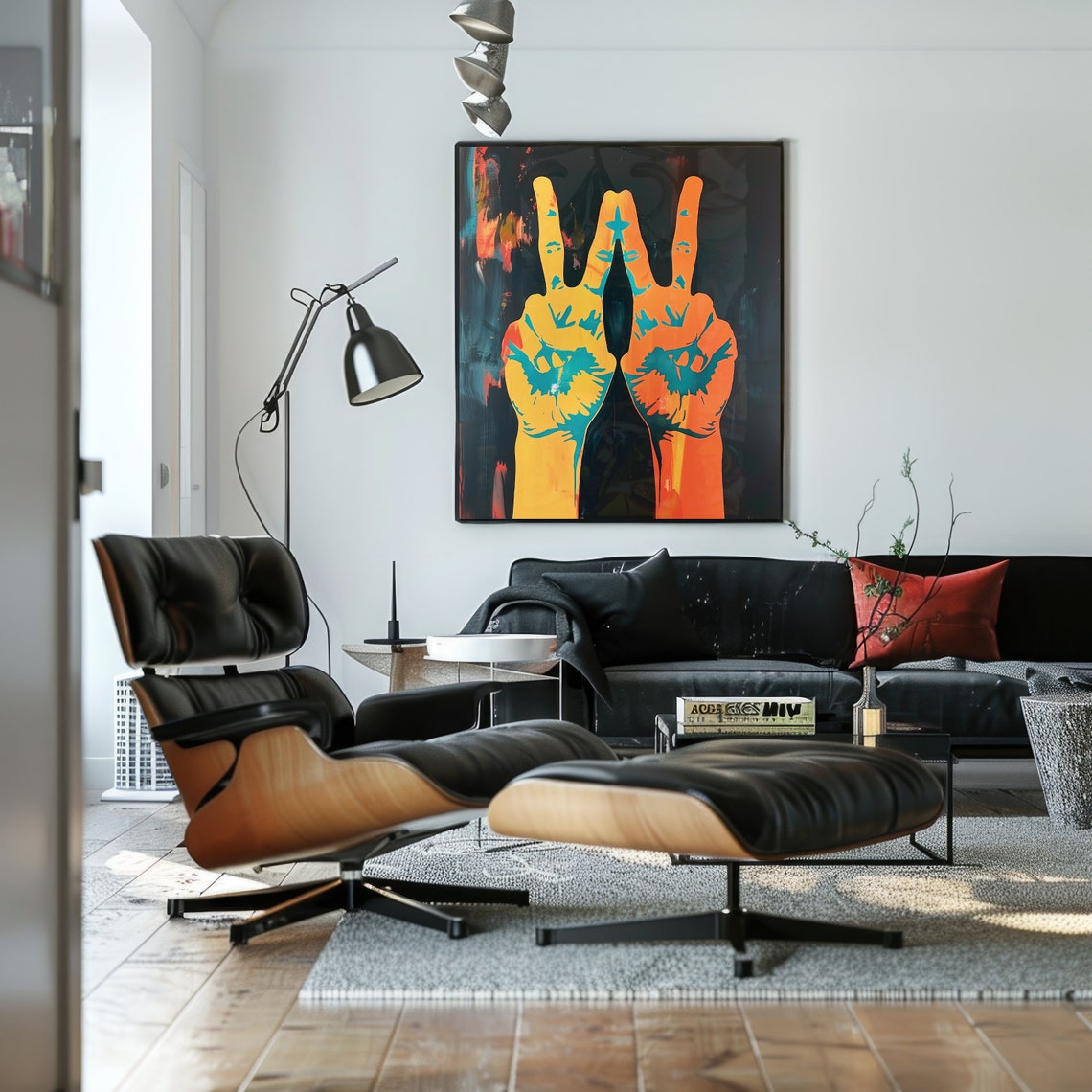 Peace Sign Hands Pop Art Poster Neon Yellow Retro Statement Wall Decor - Image 2