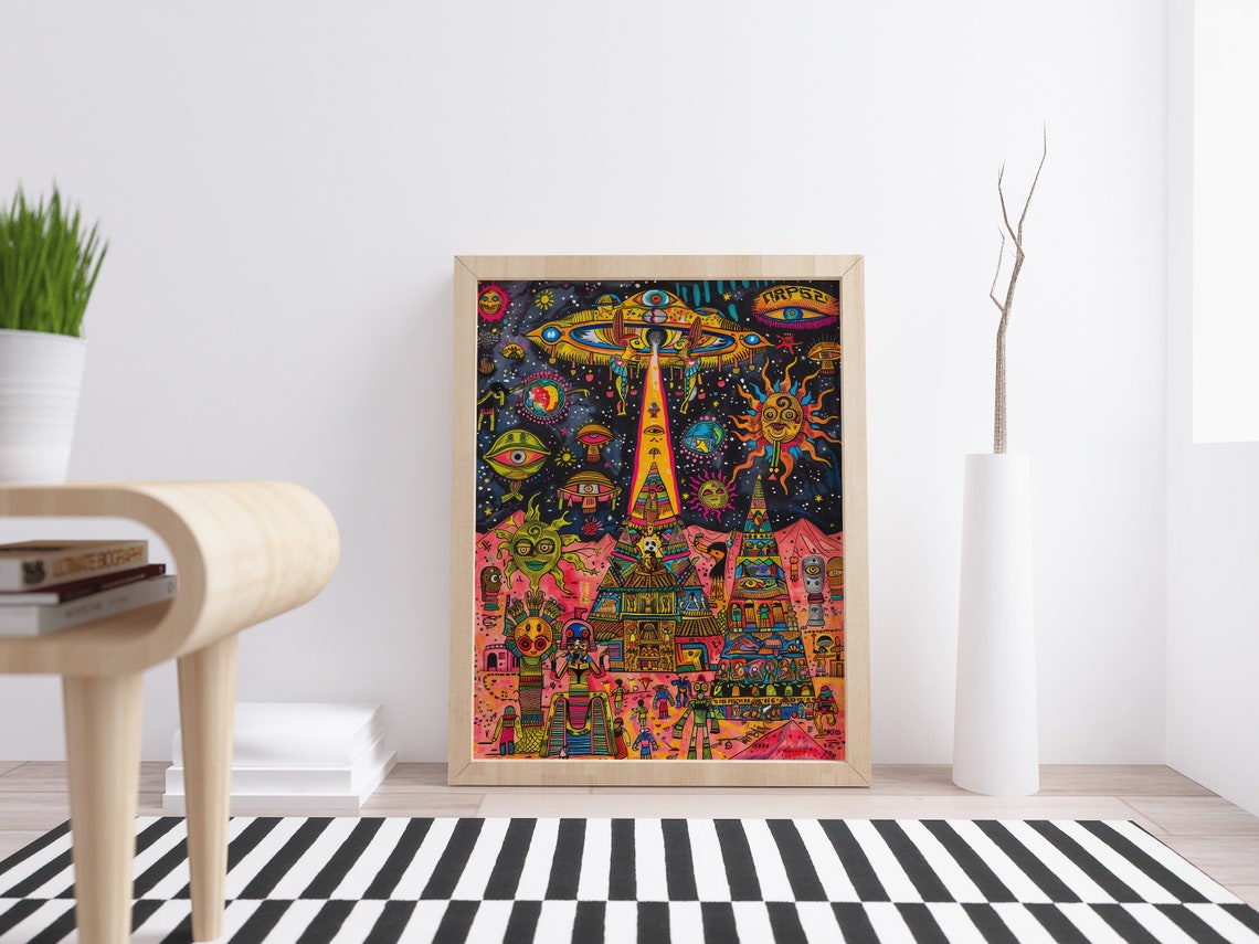 Ancient Aliens Whimsical Art Poster UFO Pyramids Colorful Maximalist - Image 2