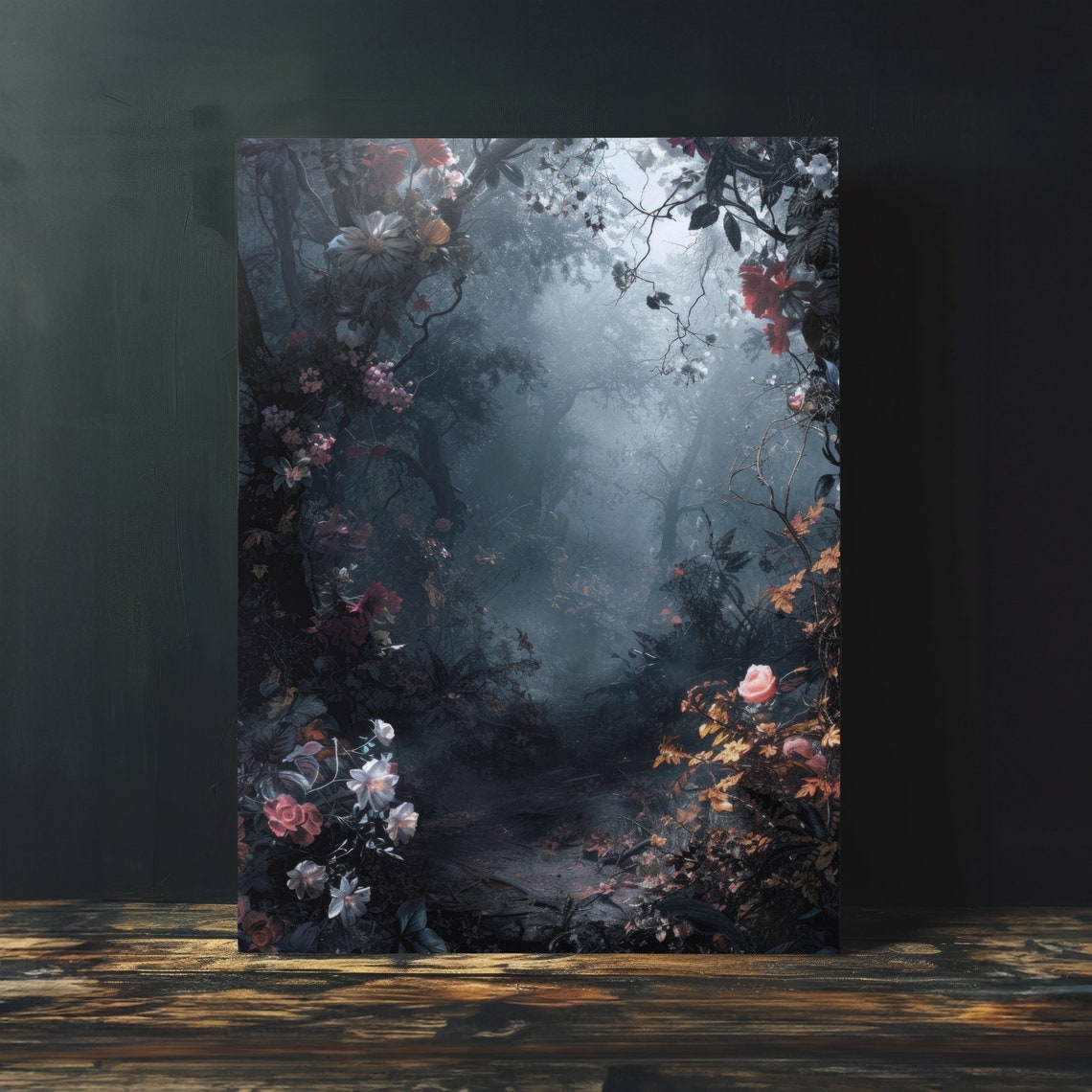 Misty Forest Glade With Wildflowers Moody Dark Botanical Poster - Image 4
