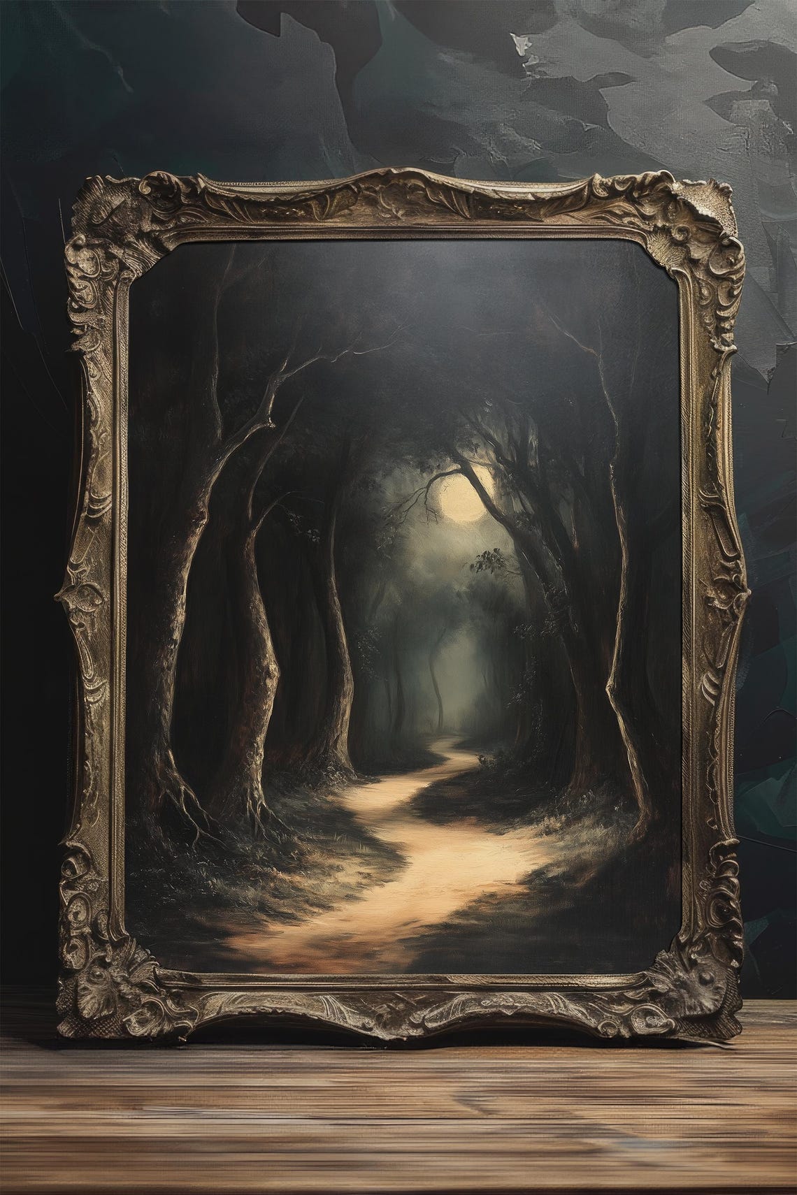Moonlit Haunted Forest Trail Dark Gothic Woods Painting Poster - Image 2