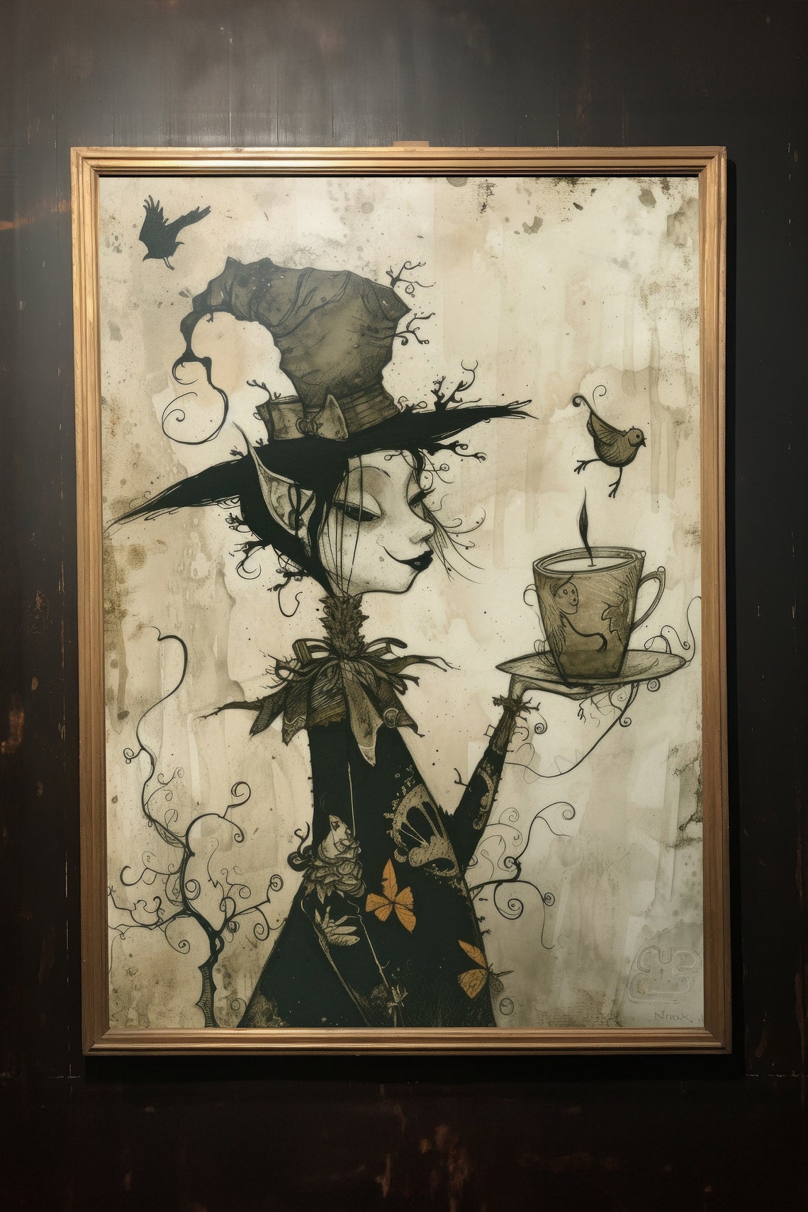 Whimsical Witch With Teacup Twig Hat Birds Ink Illustration Wall Art - Image 2