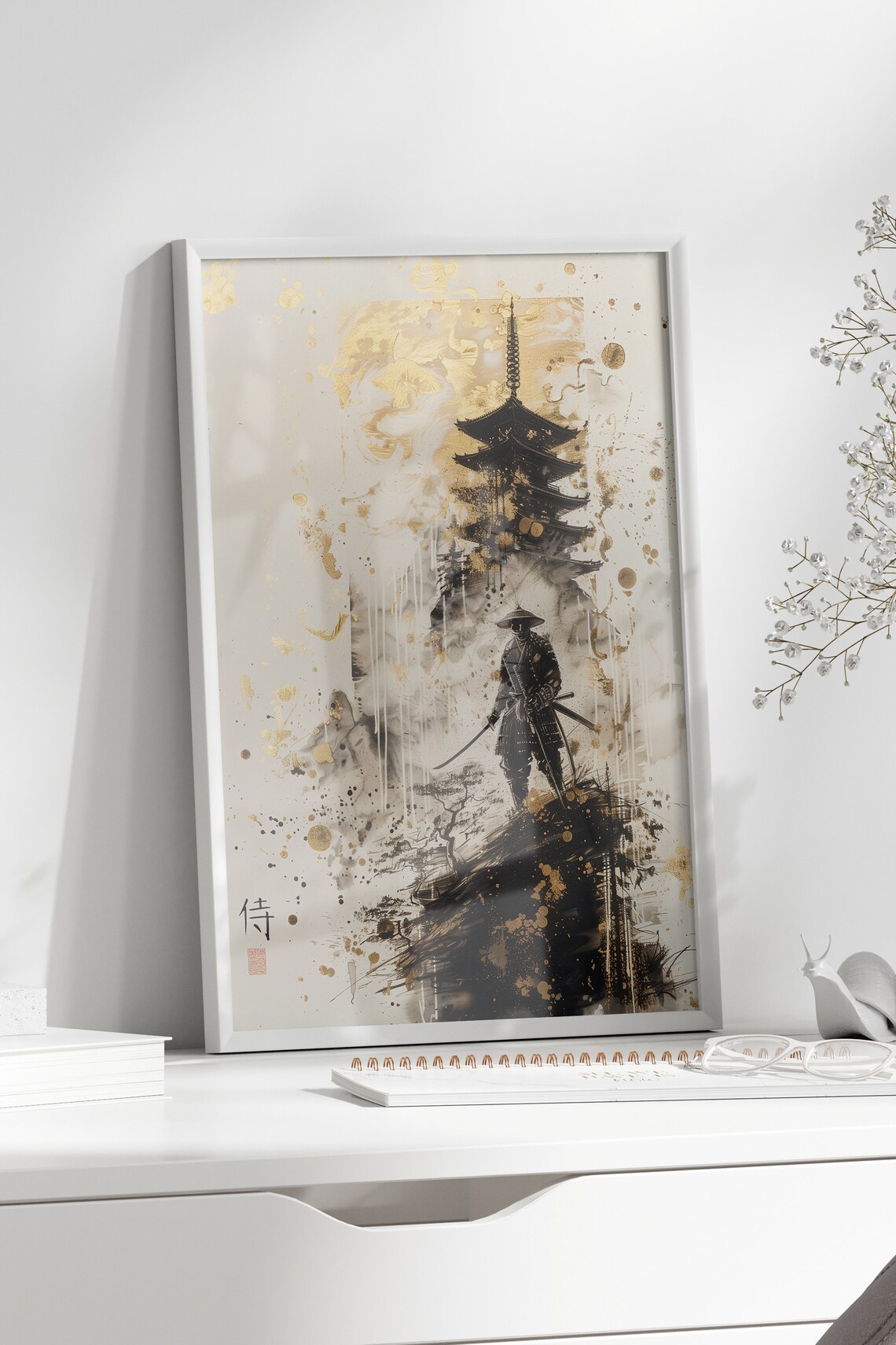 Black Gold Samurai Pagoda Japanese Ink Wash Painting Style Poster - Image 2