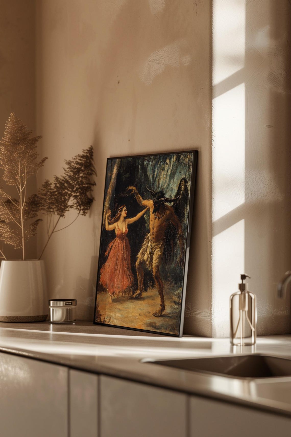 Red Dress Dancer with Horned Forest Demon Dark Mythology Poster - Image 2