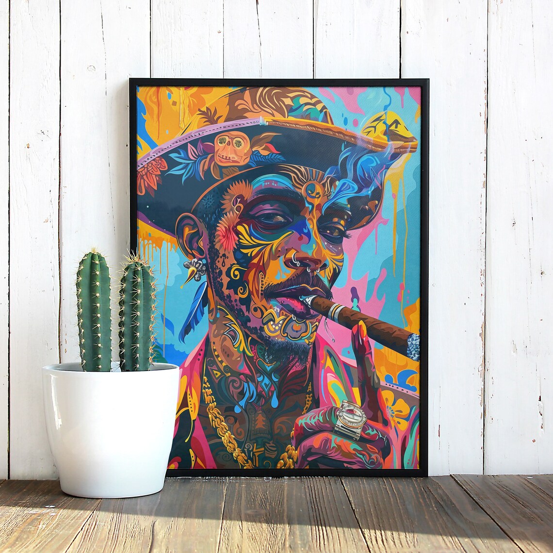Surreal Smoking Pirate Pop Art Portrait Cigar Neon Color Poster - Image 2
