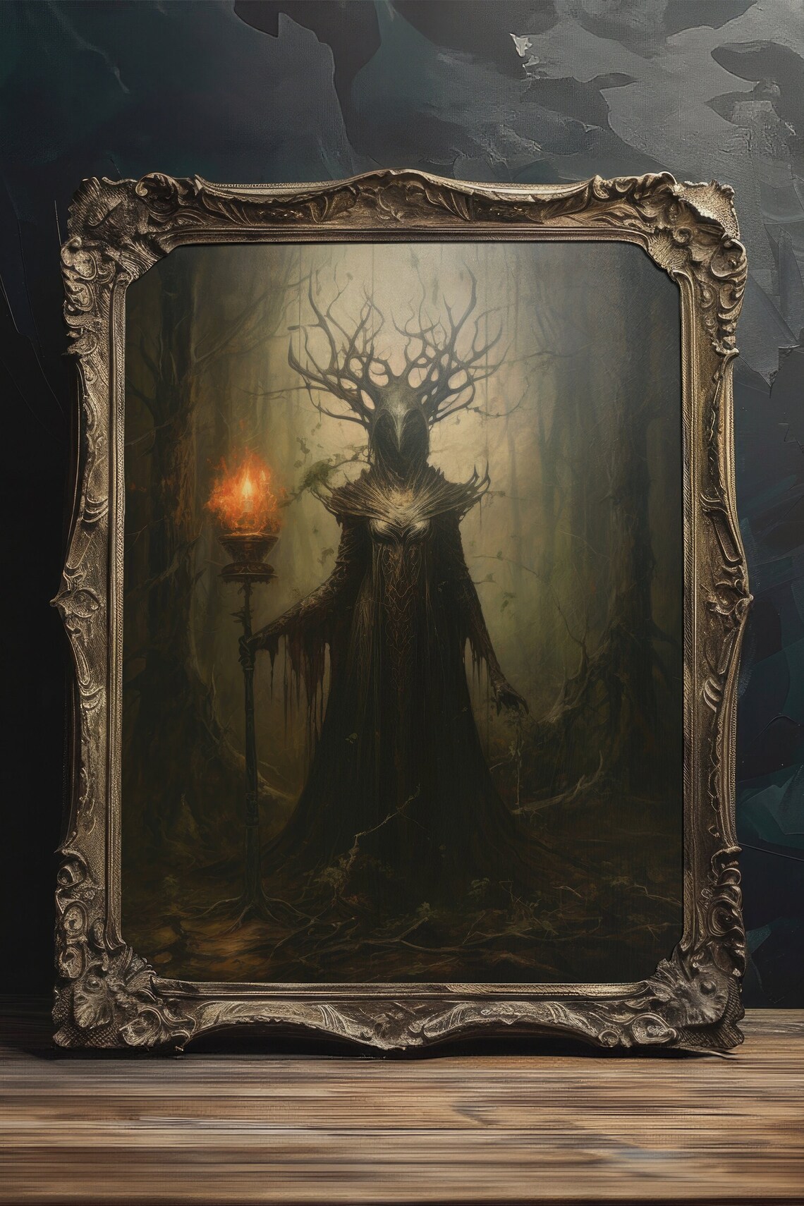 Antlered Forest Spirit With Flaming Torch Dark Fantasy Wall Art - Image 4
