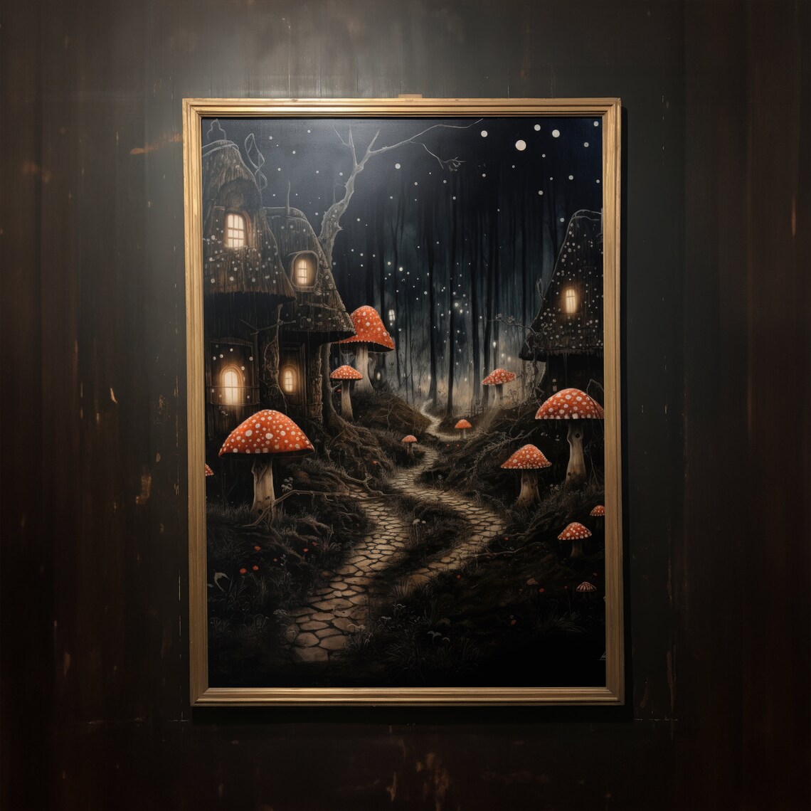 Mushroom Cottage Night Forest Fairytale Path Glowing Windows Dark Art Poster - Image 2