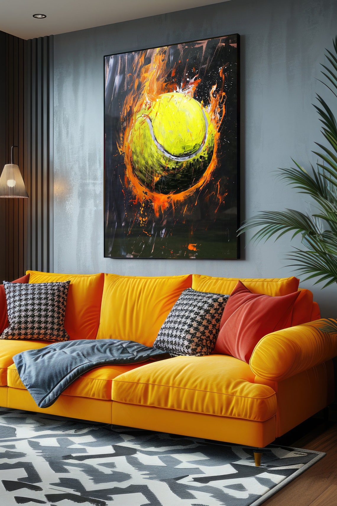 Flaming Tennis Ball Neon Yellow Painting Poster Sports Fire Wall Decor - Image 4