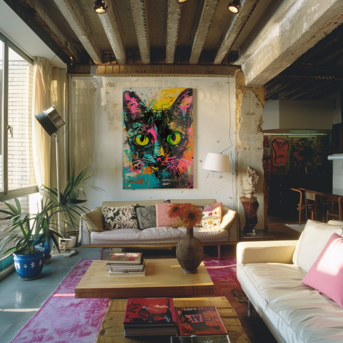 Neon Pop Art Cat Portrait Piercing Green Eyes Graffiti Style Print - Image 3