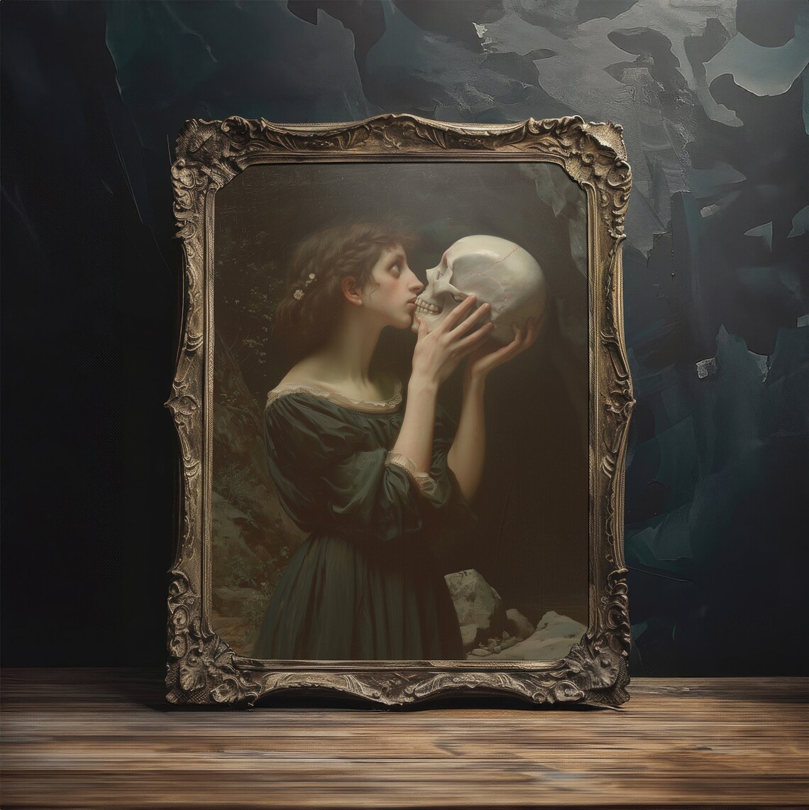 Woman Kissing Skull Moonlit Forest Vintage Style Dark Romantic Art Poster - Image 4