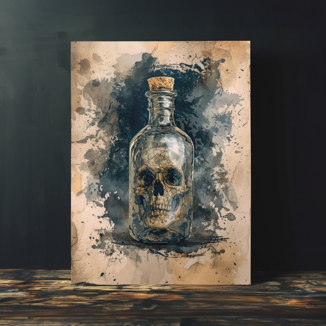 Skull In Glass Bottle Grunge Watercolor Painting Dark Art Print - Image 4