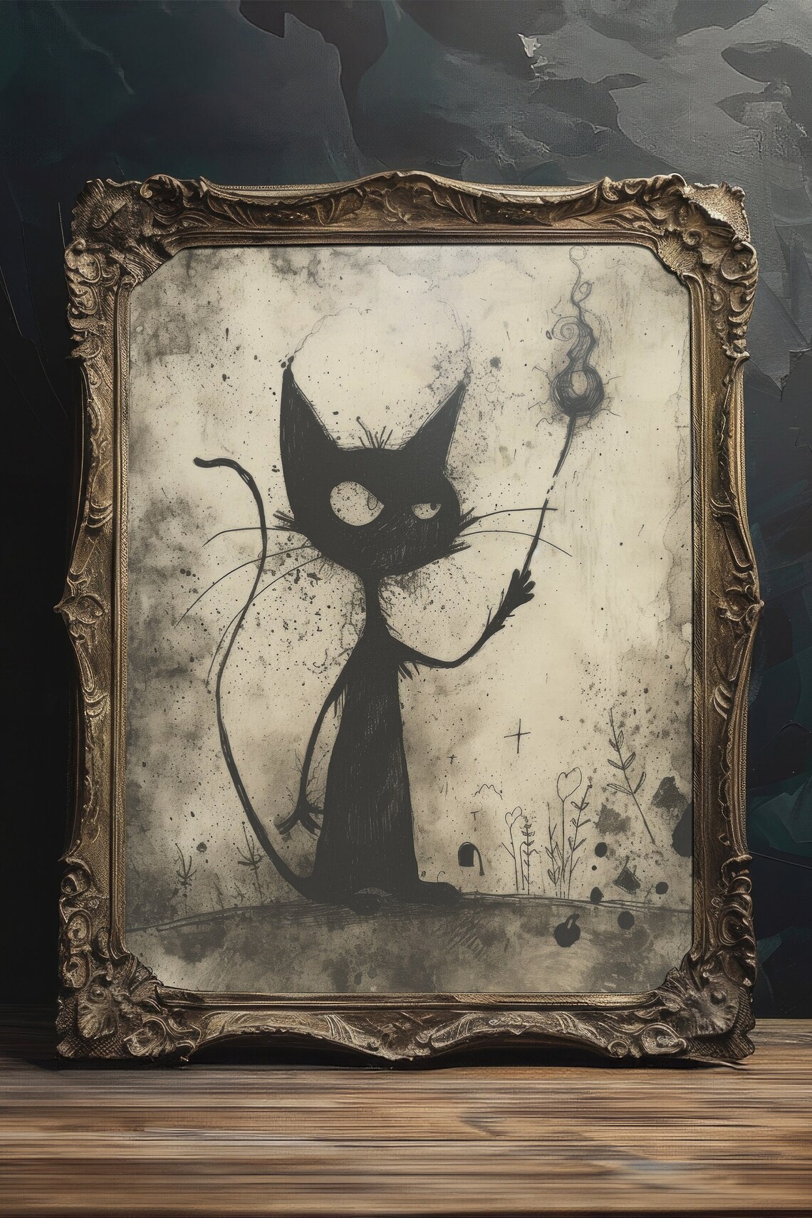 Spooky Quirky Black Cat With Wand Ink Sketch Gothic Cat Wall Art - Image 2