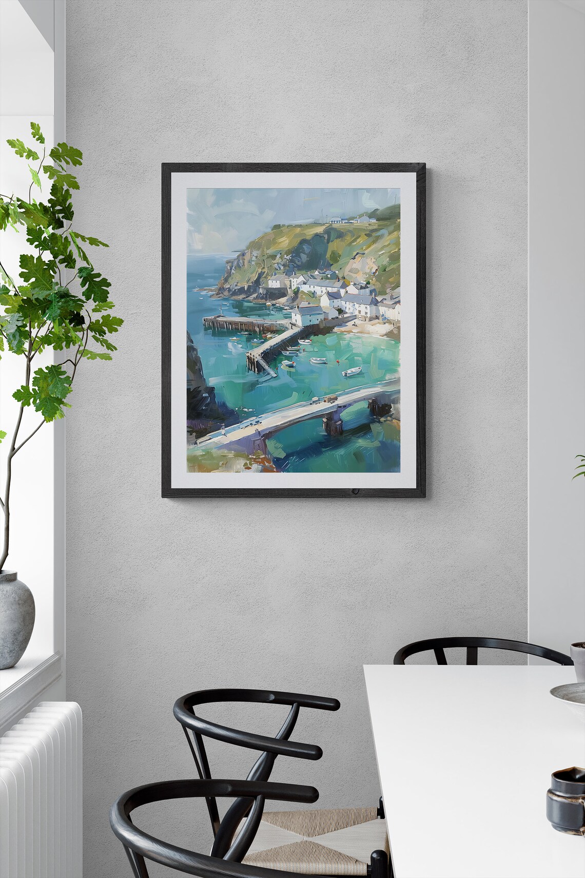 Coastal Fishing Village Harbor Poster Mediterranean Cliff Town Oil Art - Image 3