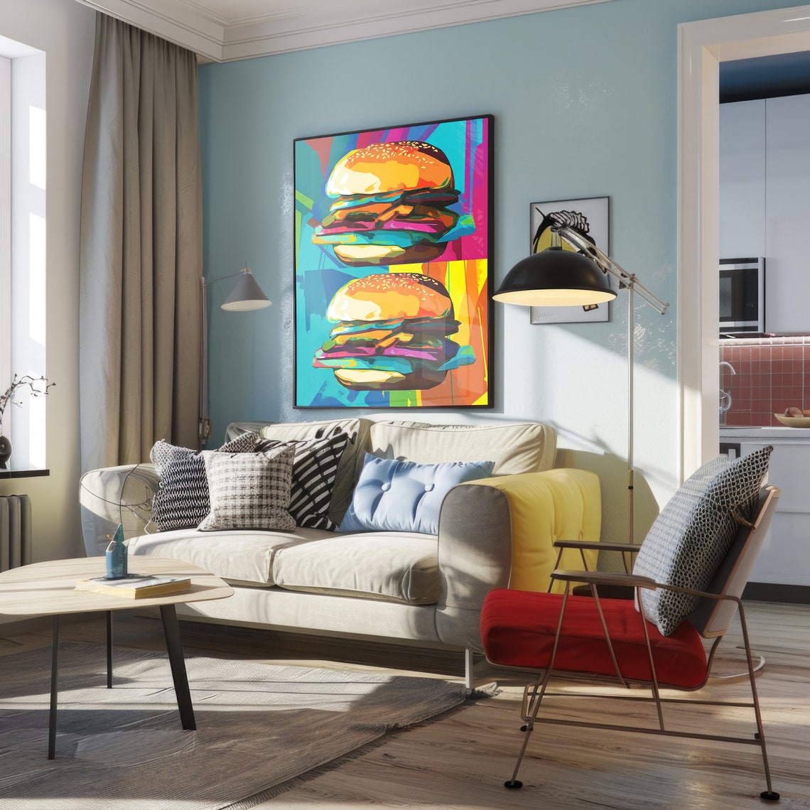 Two Cheeseburgers Color Block Retro Pop Art Fun Kitchen Poster - Image 4