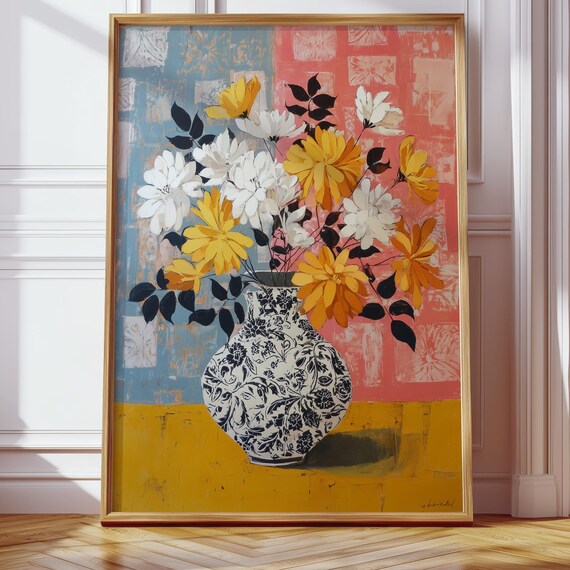 Bold Still Life Yellow and White Blooms Patterned Vase Art Print