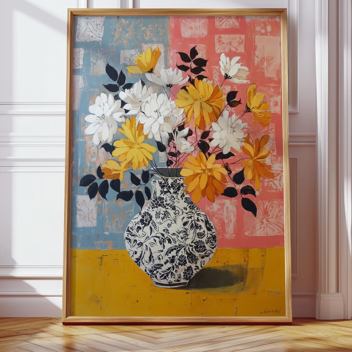 Bold Still Life Yellow and White Blooms Patterned Vase Art Print
