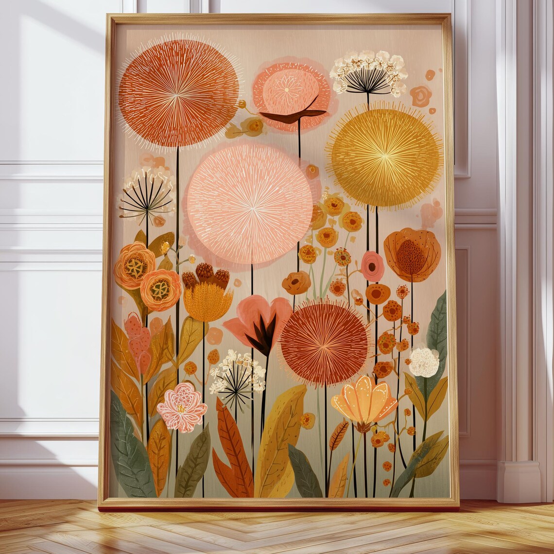 Mid Century Modern Floral Art Warm Botanical Dandelion Wall Art