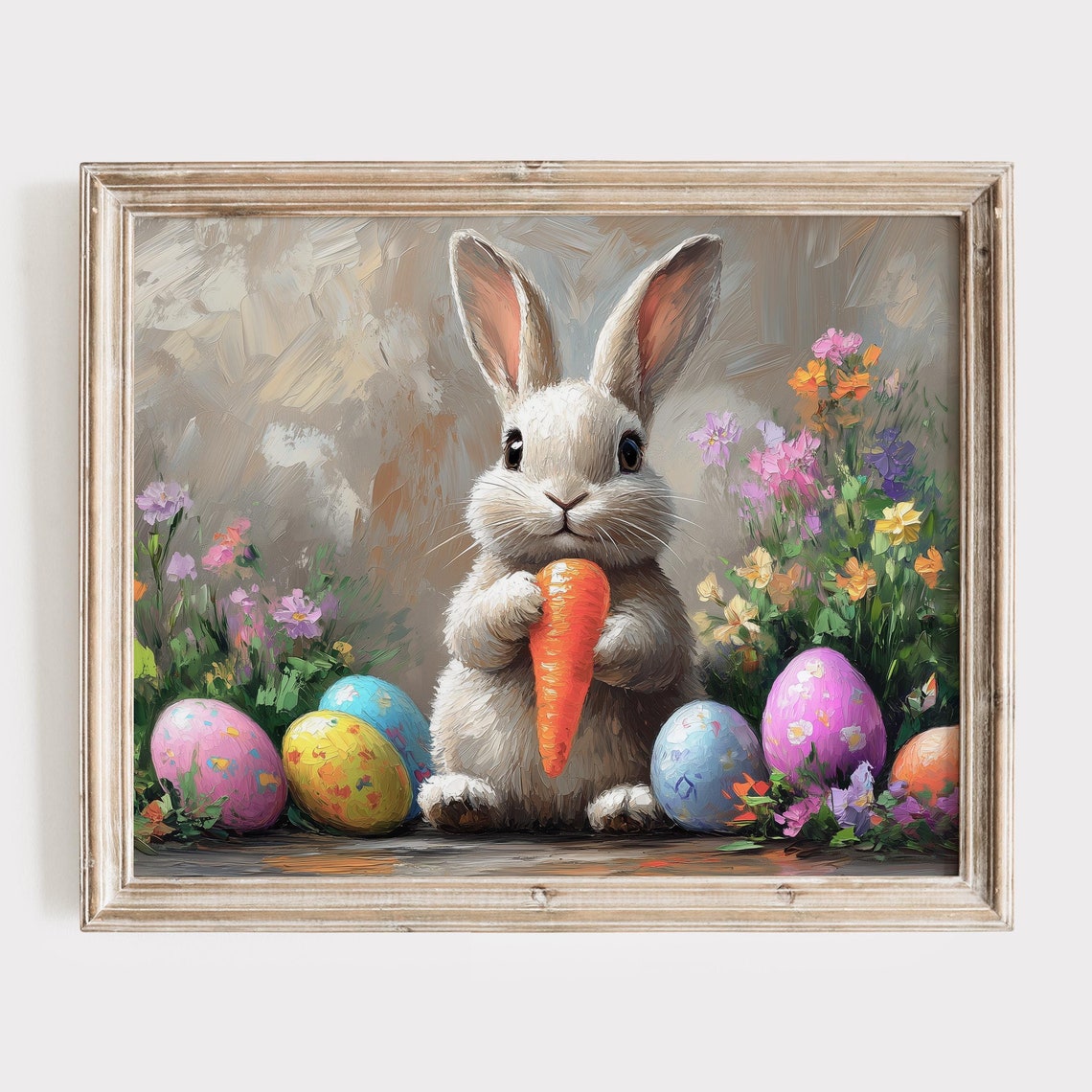 White Bunny Holding A Bright Carrot Beside Easter Eggs Poster