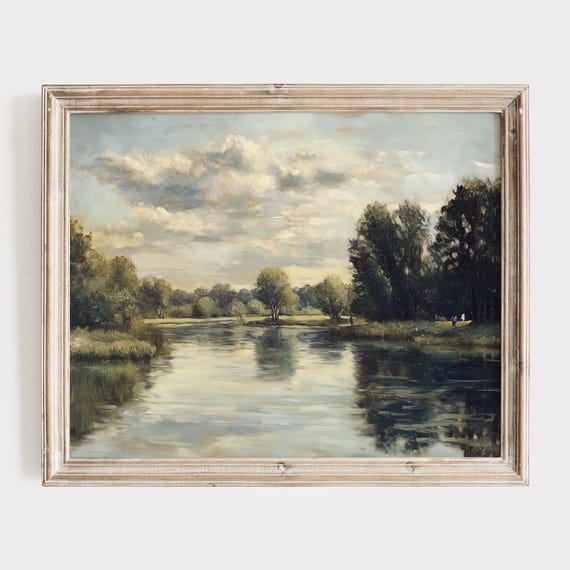 Vintage River Landscape Painting Serene Nature Wall Art River Wall Art Peaceful Countryside Print Impressionist Lake Artwork
