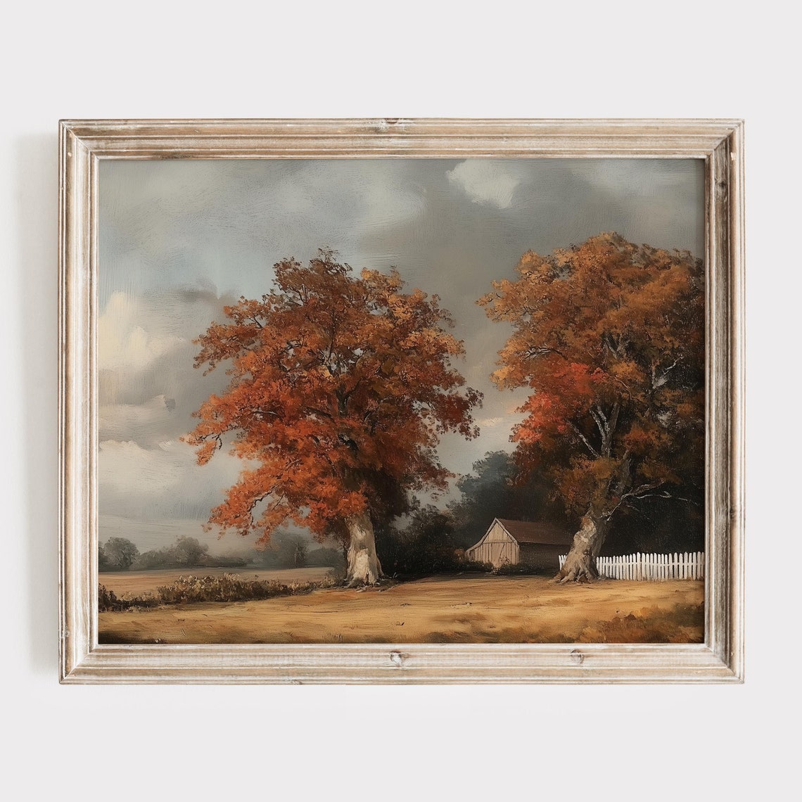 Autumn Farm With Two Red Oak Trees Barn And White Fence Poster