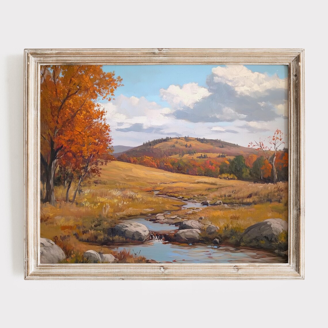Autumn Creek Winding Past Orange Trees and Stone Banks Poster