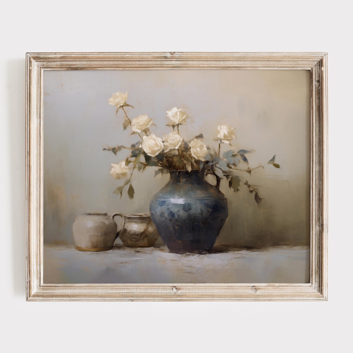 White Roses in Blue Vase Elegant Still Life Floral Art Poster