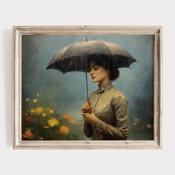 Woman With An Umbrella In The Rain Vintage Oil Portrait Poster