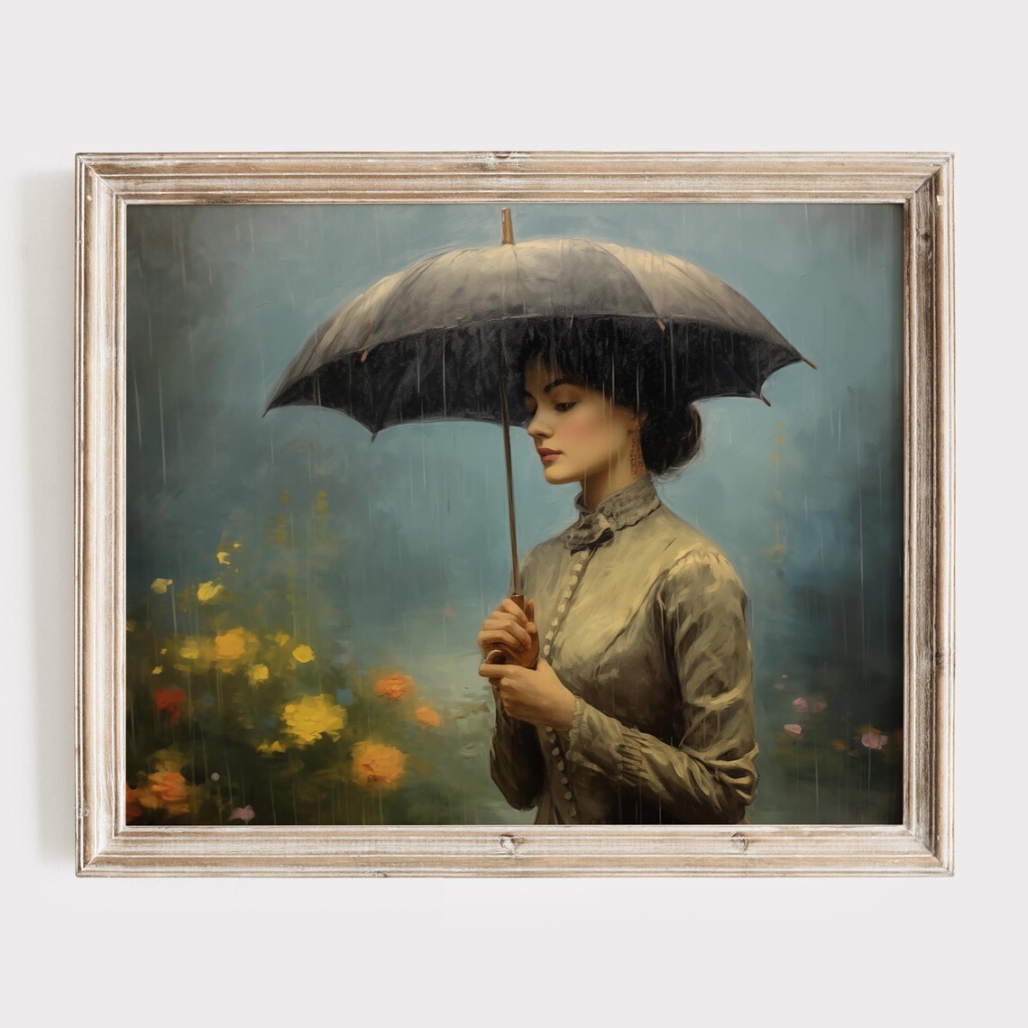 Woman With An Umbrella In The Rain Vintage Oil Portrait Poster