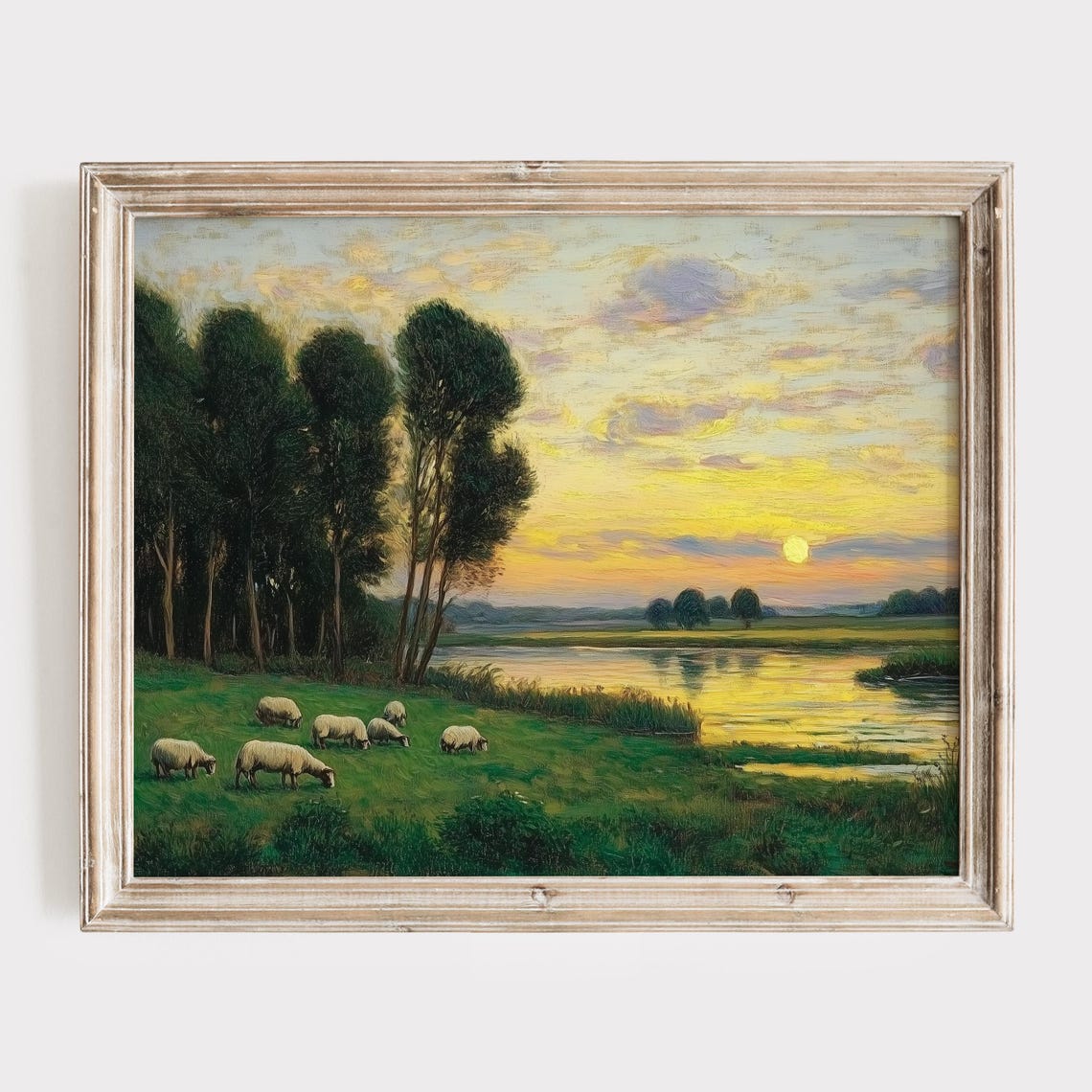 Sheep by River at Golden Sunset Pastoral Landscape Art Poster