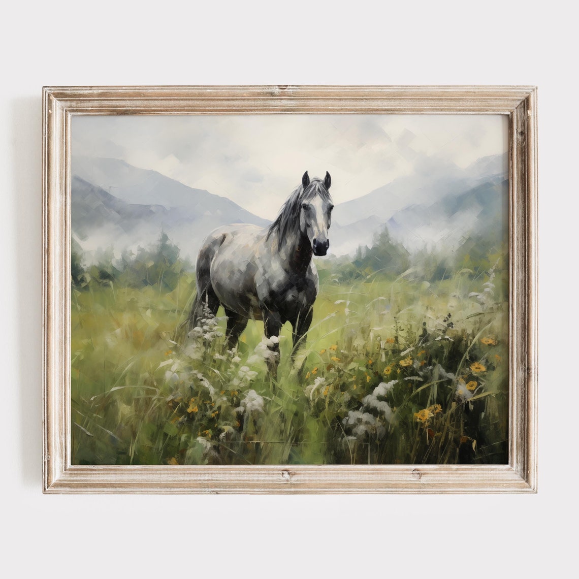 Gray Horse Standing in Wildflower Meadow Misty Mountains Poster