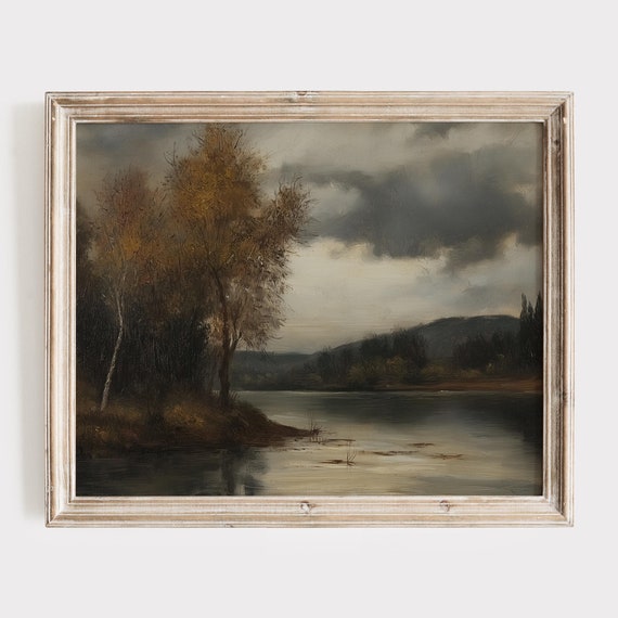 Moody Autumn Lake Painting Dark Rustic Landscape Wall Art Misty Fall Trees Cozy Cabin Decor Nature Inspired Gift Cottagecore Print