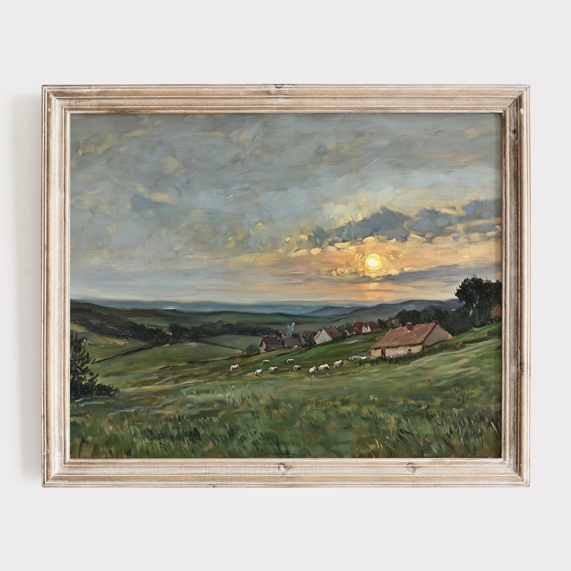 Rolling Hills at Sunset Sheep Cottages Countryside Art Poster