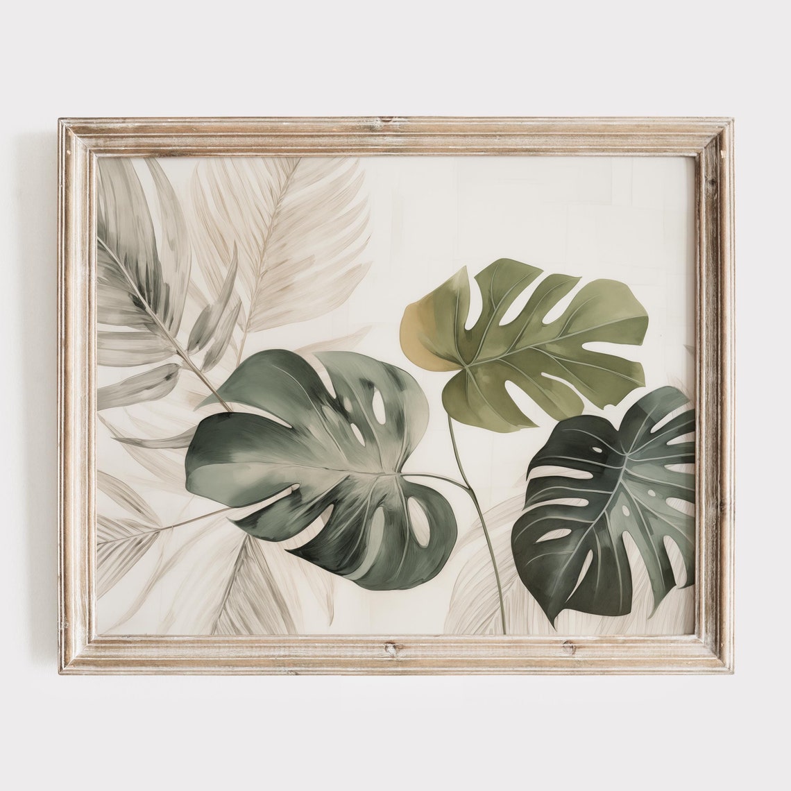 Sage Green Monstera Leaves Botanical Watercolor Tropical Poster