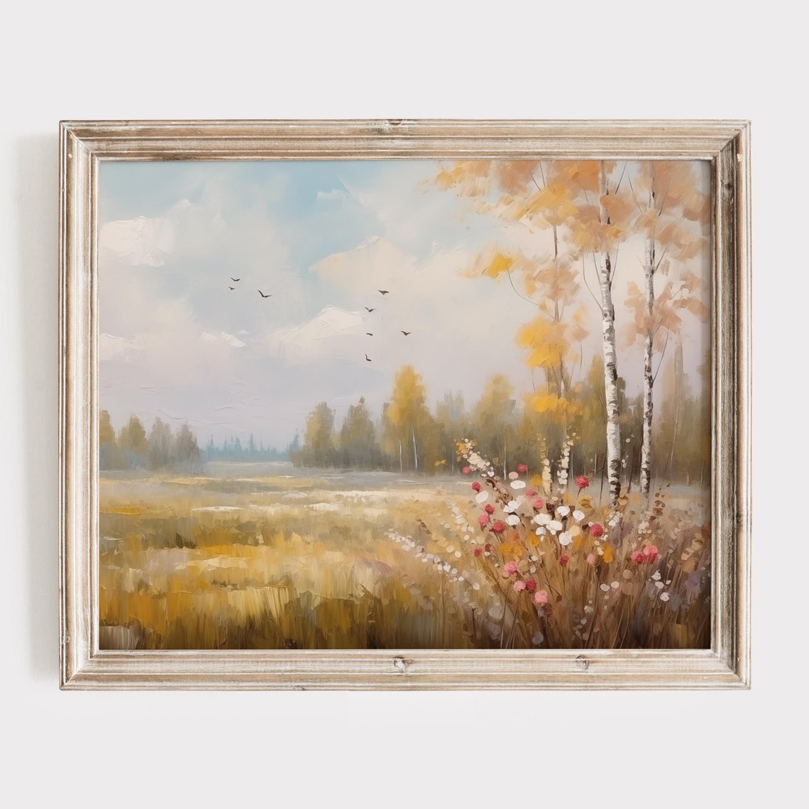 Golden Autumn Meadow With Birch Trees And Wildflowers Poster