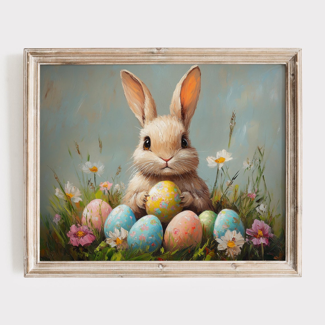 Bunny Surrounded By Painted Easter Eggs And Spring Wildflowers Poster