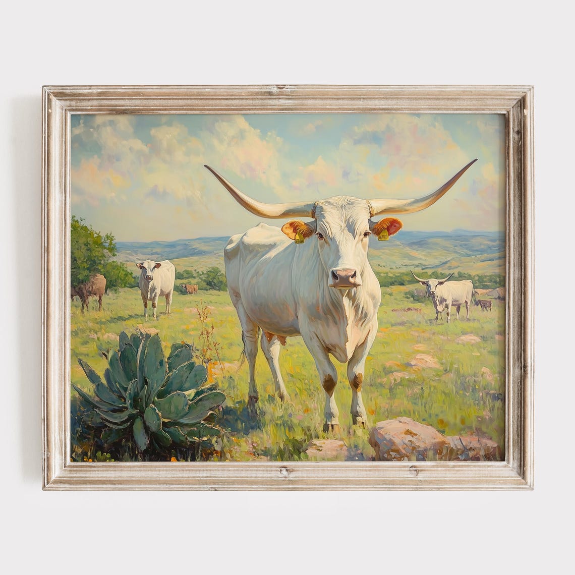 White Texas Longhorn Cattle Rustic Western Ranch Meadow Art Poster