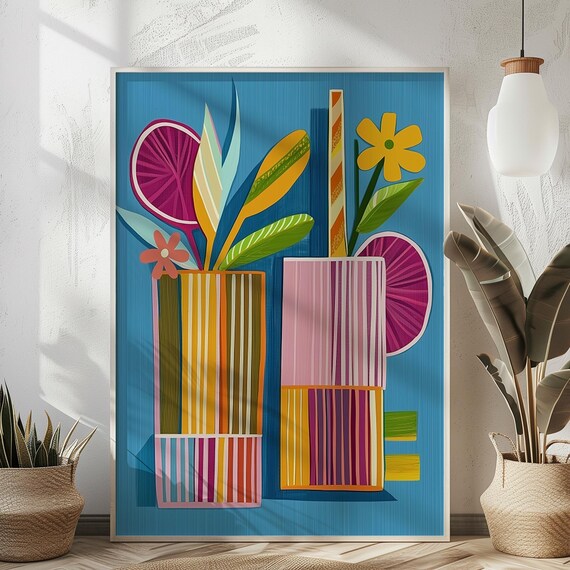Modern Cocktail Poster Colorful Striped Drinks on Bold Blue Ground