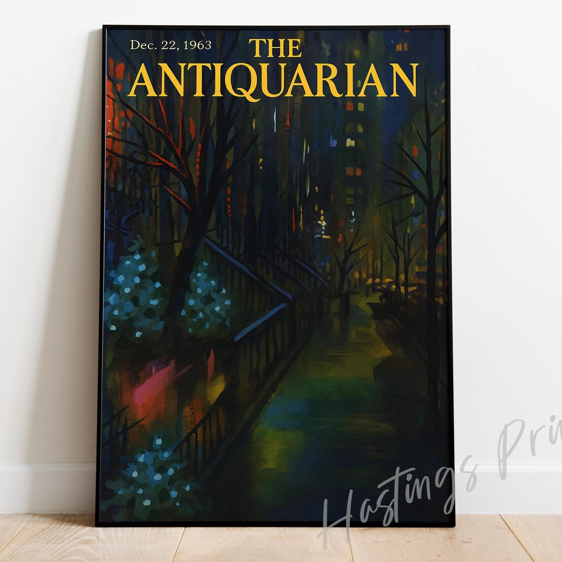 The Antiquarian Winter Night City Street Dec 1963 Vintage Cover Poster