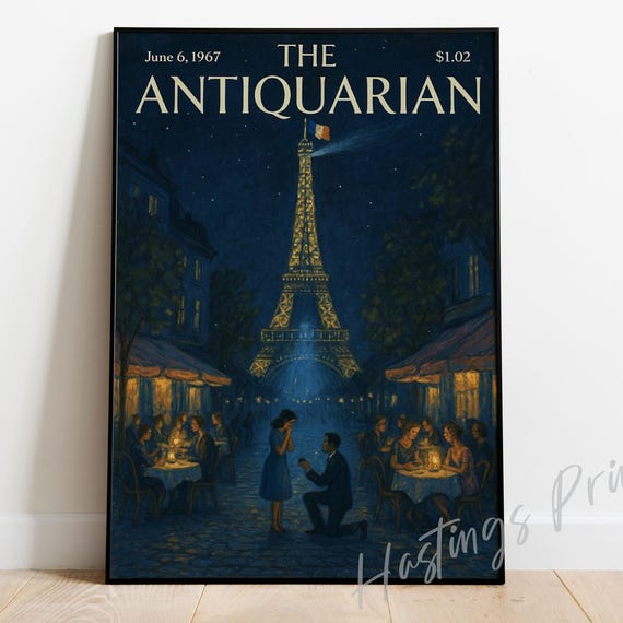 New Yorker Style Vintage Magazine Cover The Antiquarian Collectible Print Romance At Eiffel Tower